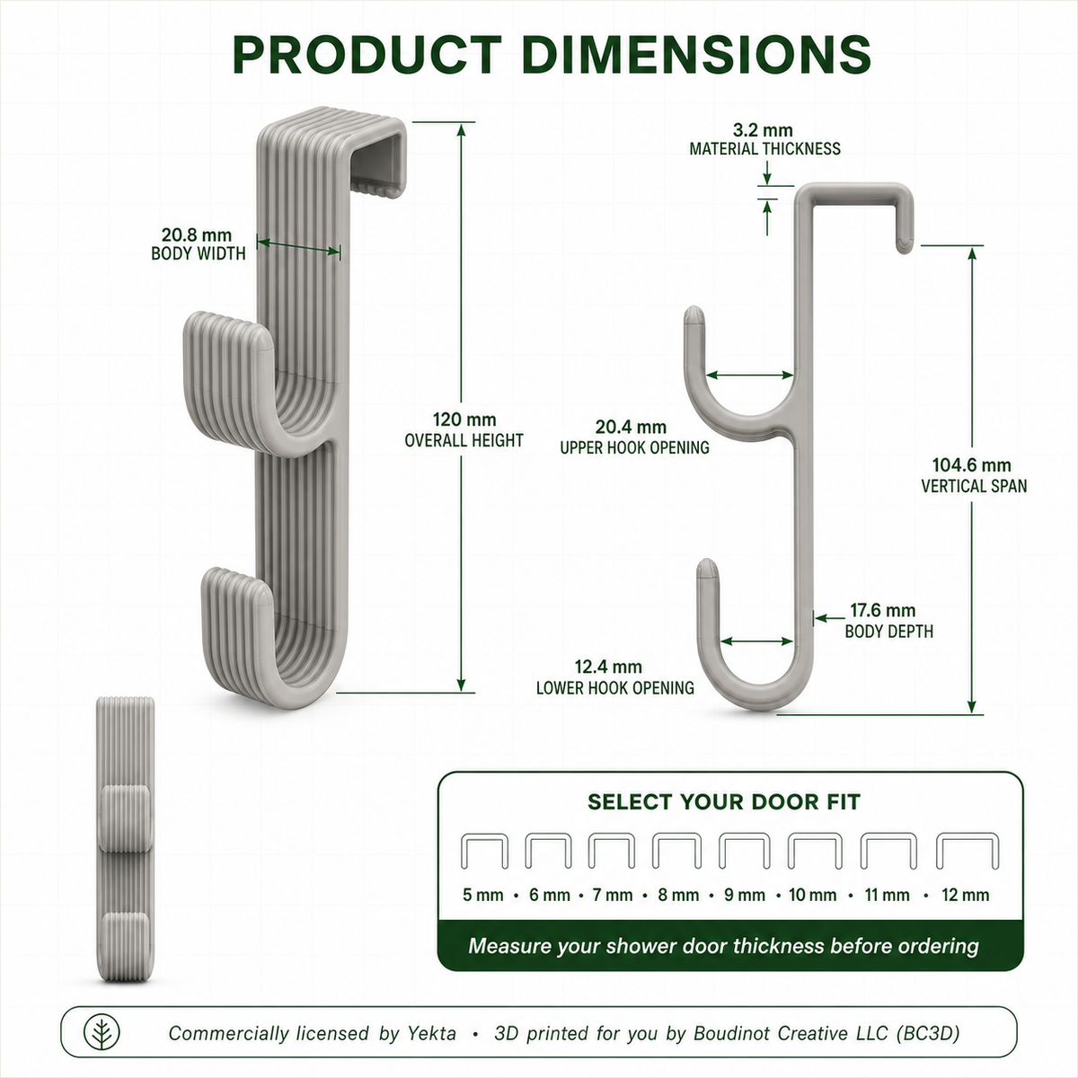 Over the Shower Door Double Hook ~ No-Drill Towel and Robe Hanger, 5–12 mm Fit