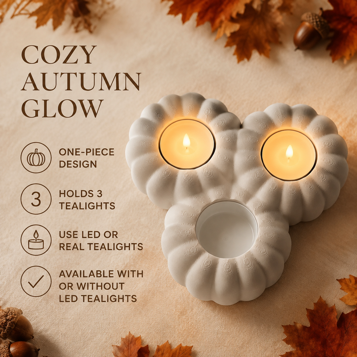 Pumpkin Tealight Holder for 3 Candles, One-Piece Autumn Table and Mantel Decor