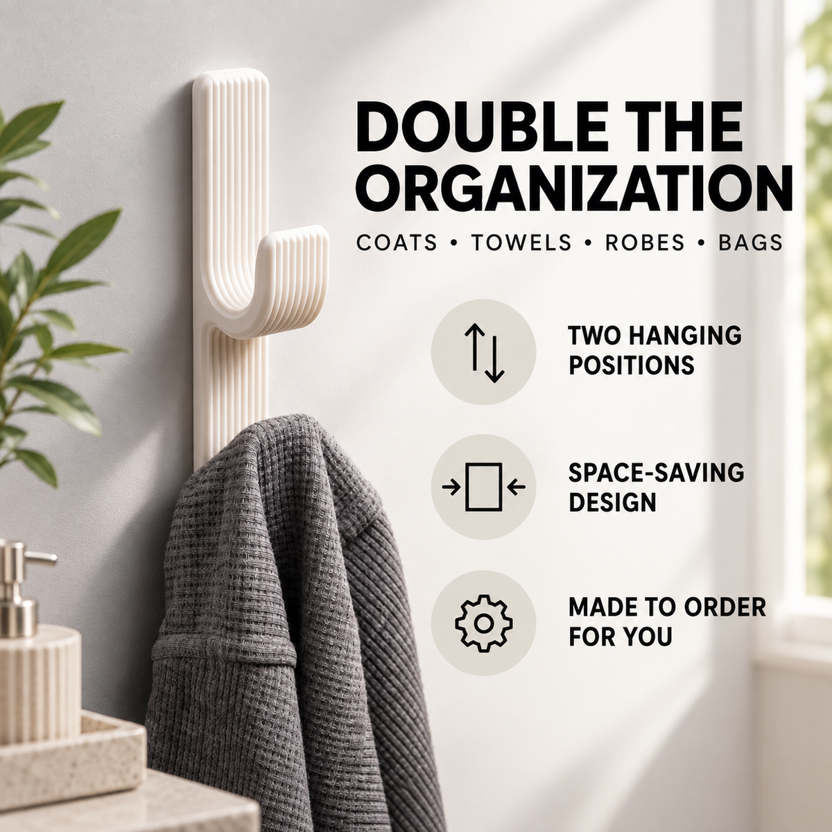 Double Wall Hook, Coat Hanger, Towel Rack - Modern Ribbed 3D Printed Hook | Adhesive or Screw Mount
