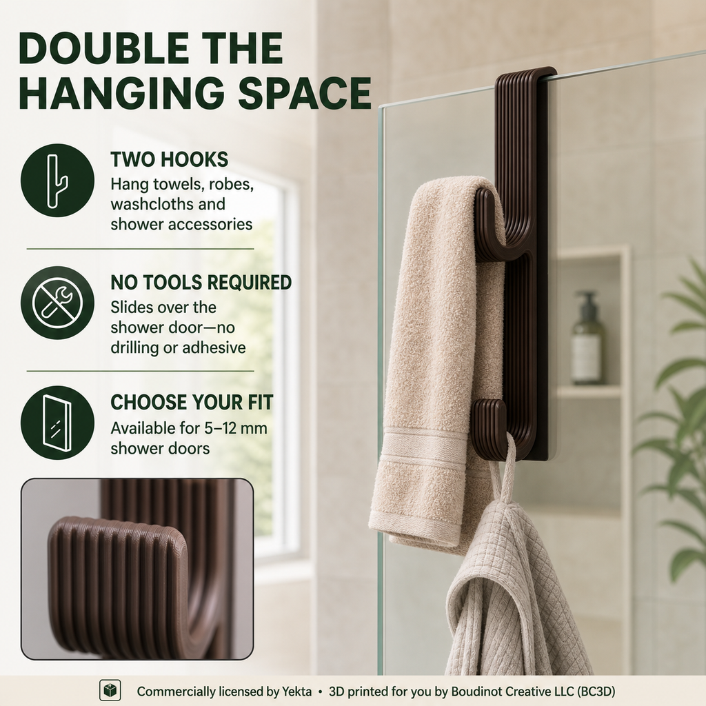 Over the Shower Door Double Hook ~ No-Drill Towel and Robe Hanger, 5–12 mm Fit