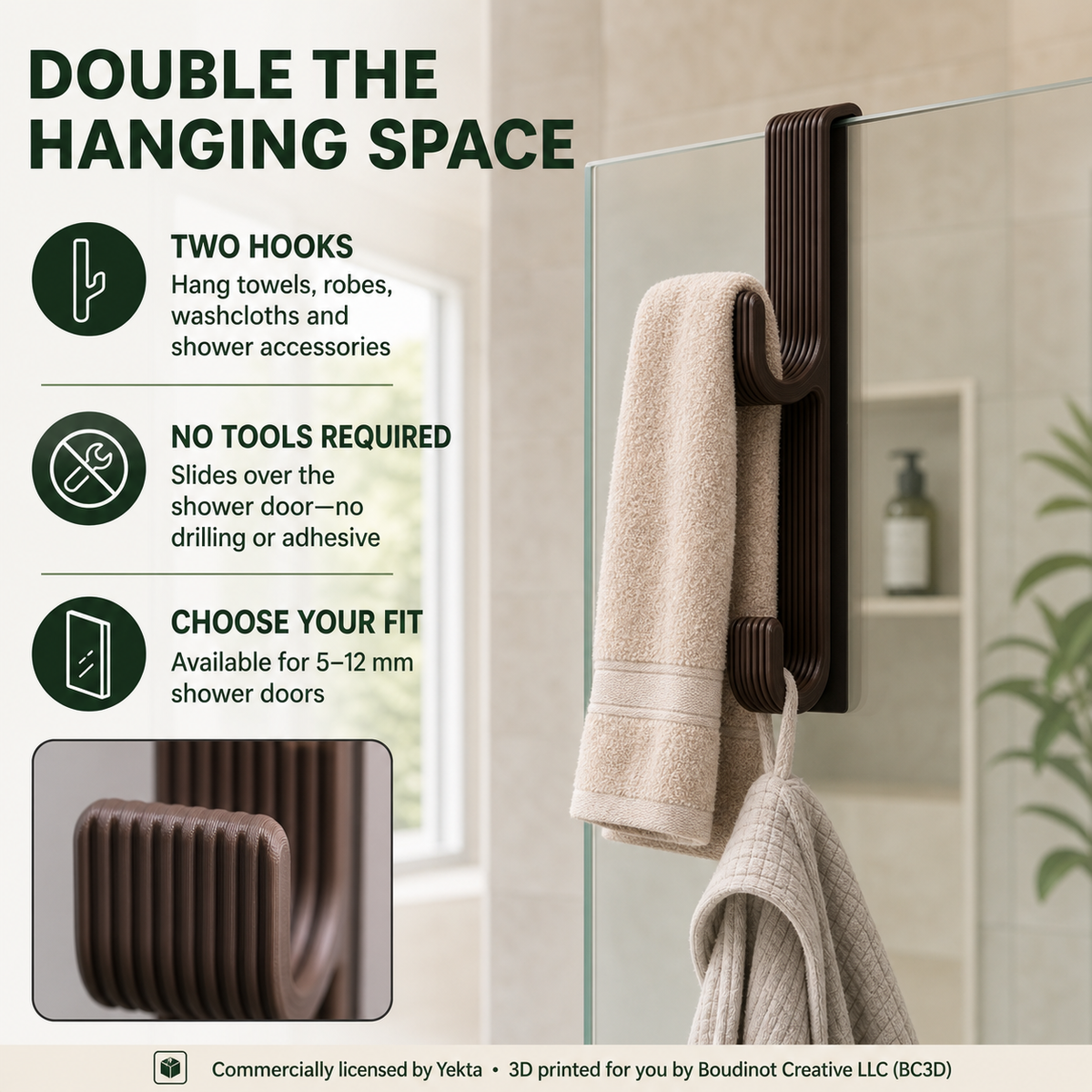 Over the Shower Door Double Hook ~ No-Drill Towel and Robe Hanger, 5–12 mm Fit