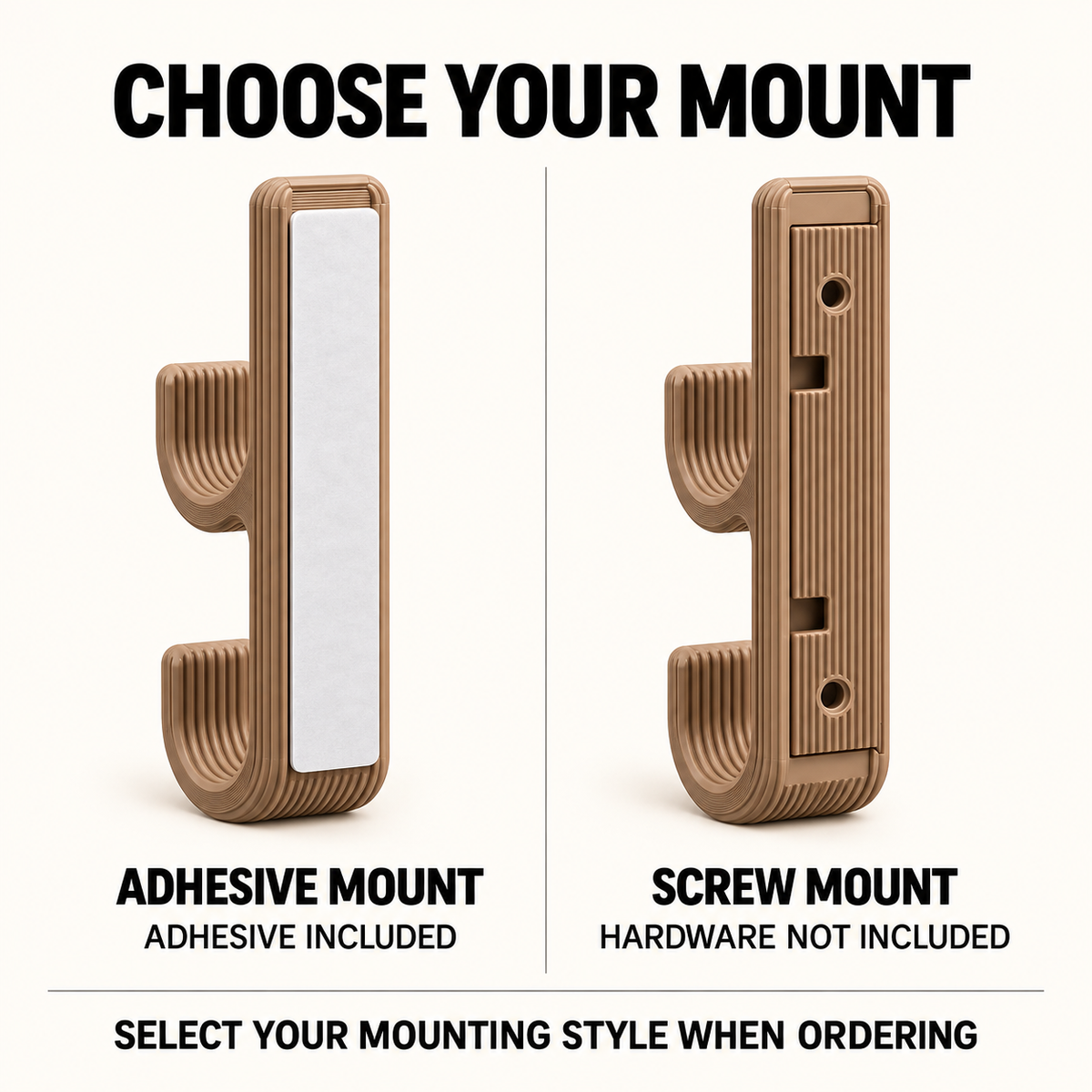 Double Wall Hook, Coat Hanger, Towel Rack - Modern Ribbed 3D Printed Hook | Adhesive or Screw Mount