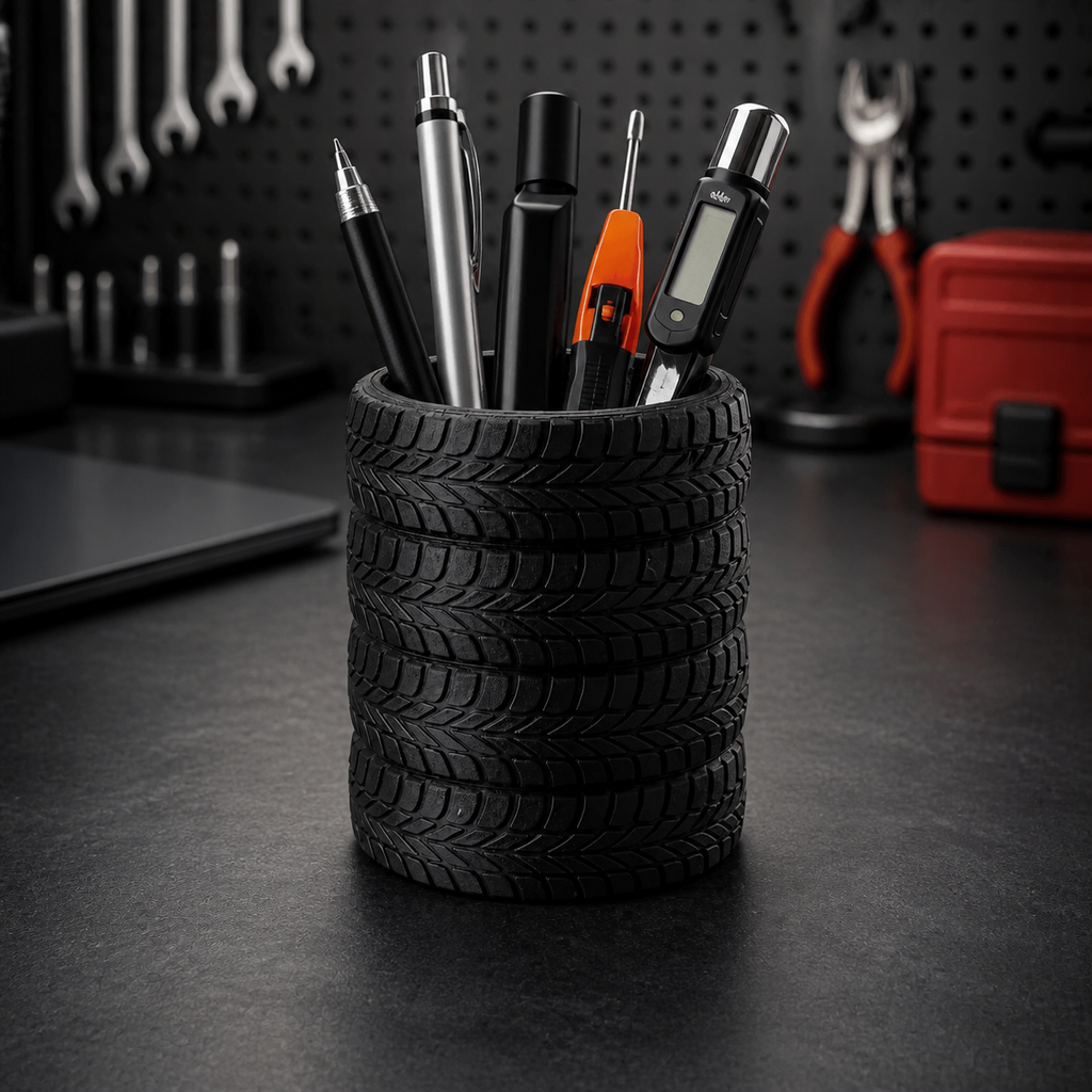 Black Tire Stack Pen Holder, 3D Printed Automotive Desk Organizer
