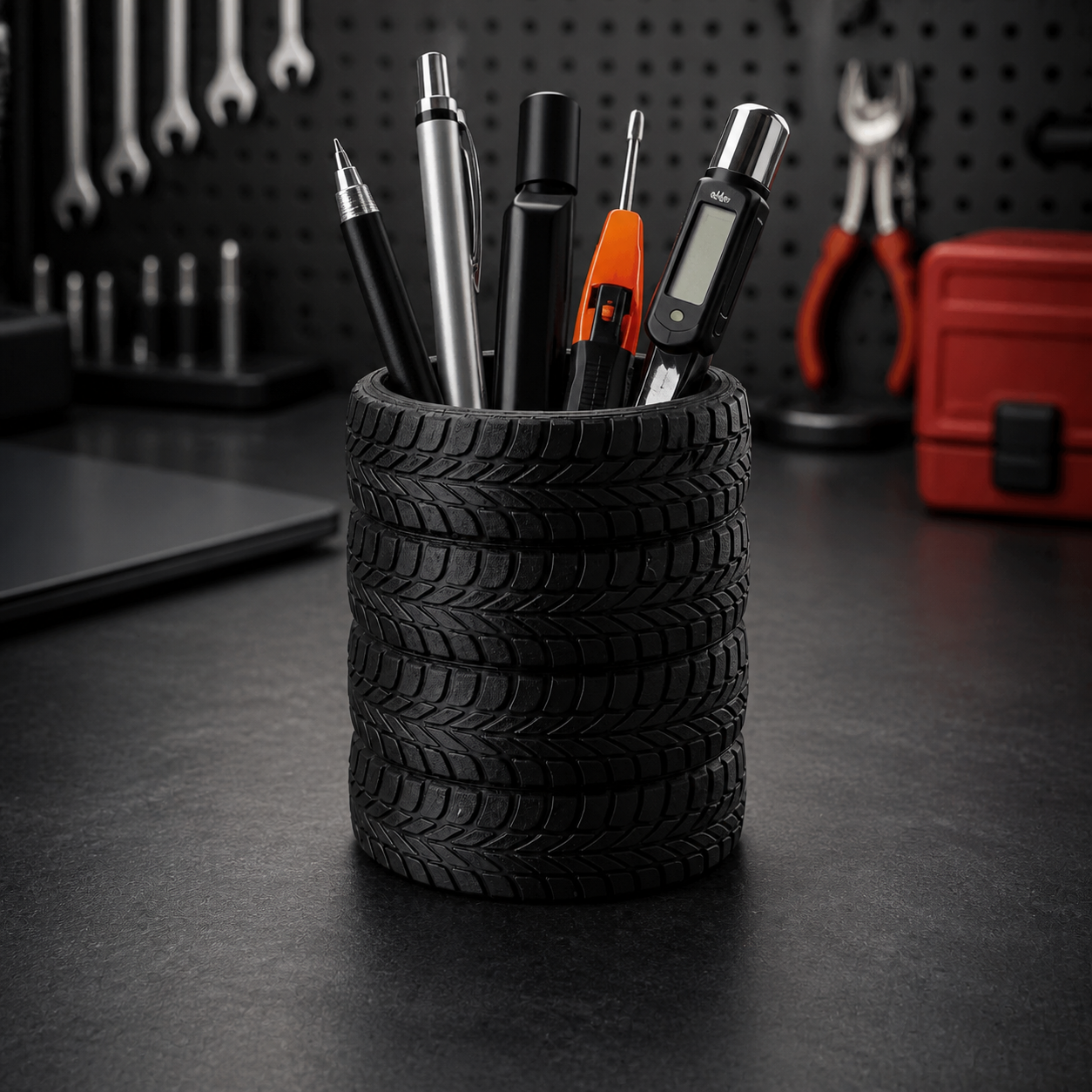Black Tire Stack Pen Holder, 3D Printed Automotive Desk Organizer