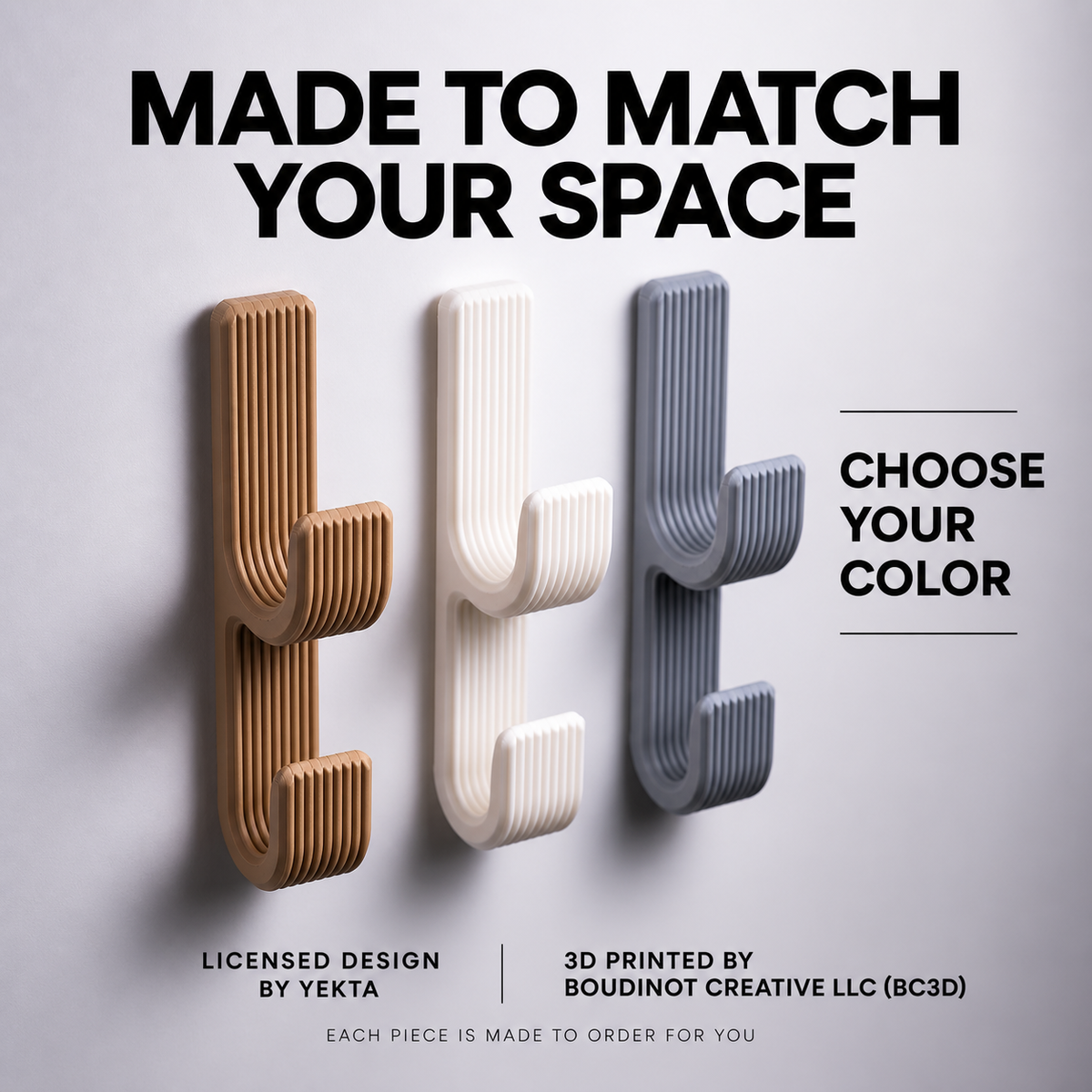 Double Wall Hook, Coat Hanger, Towel Rack - Modern Ribbed 3D Printed Hook | Adhesive or Screw Mount