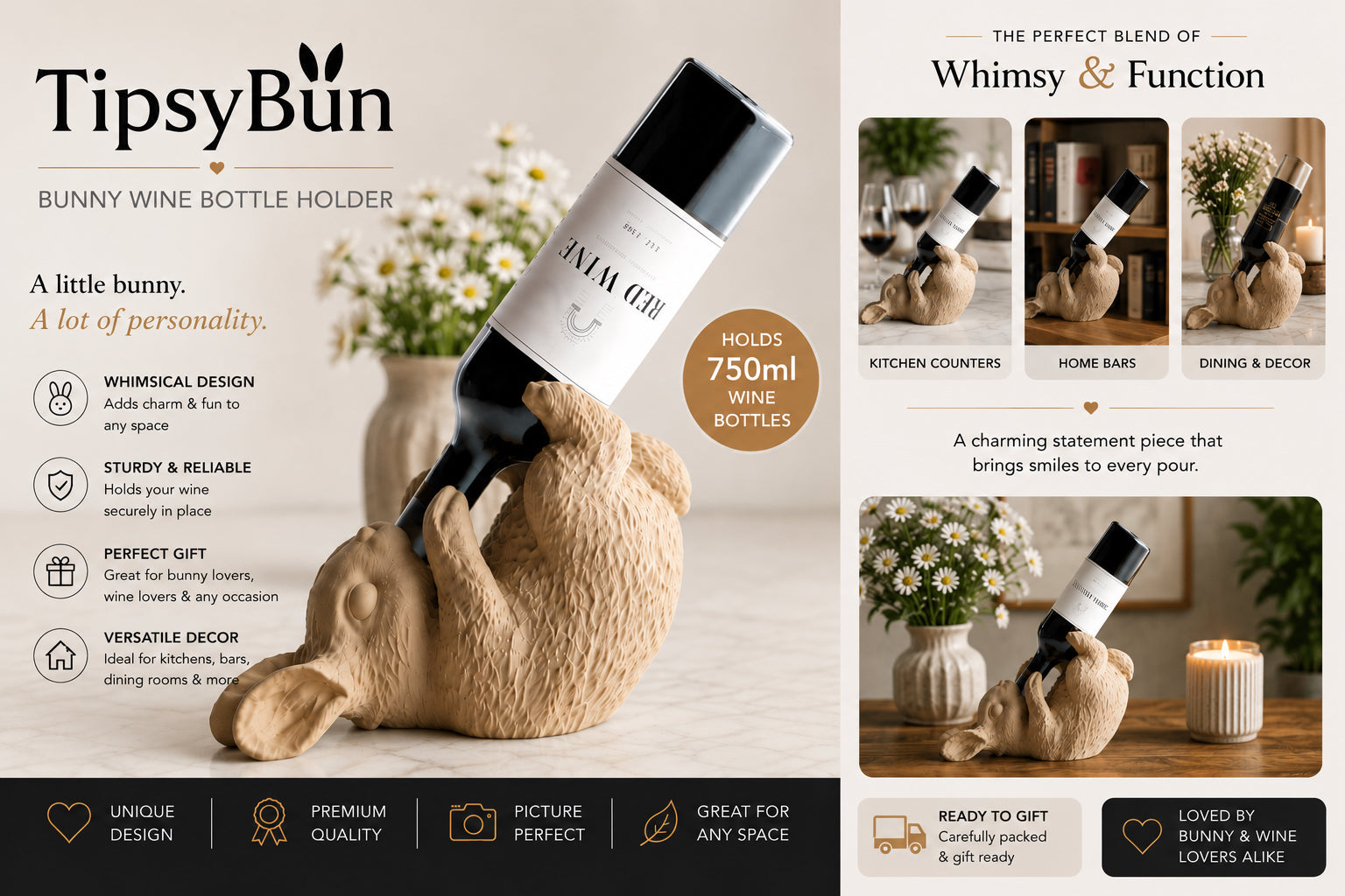 TipsyBun Wine Bottle Holder – Cute & Funny Bunny Wine Stand (2 Sizes)