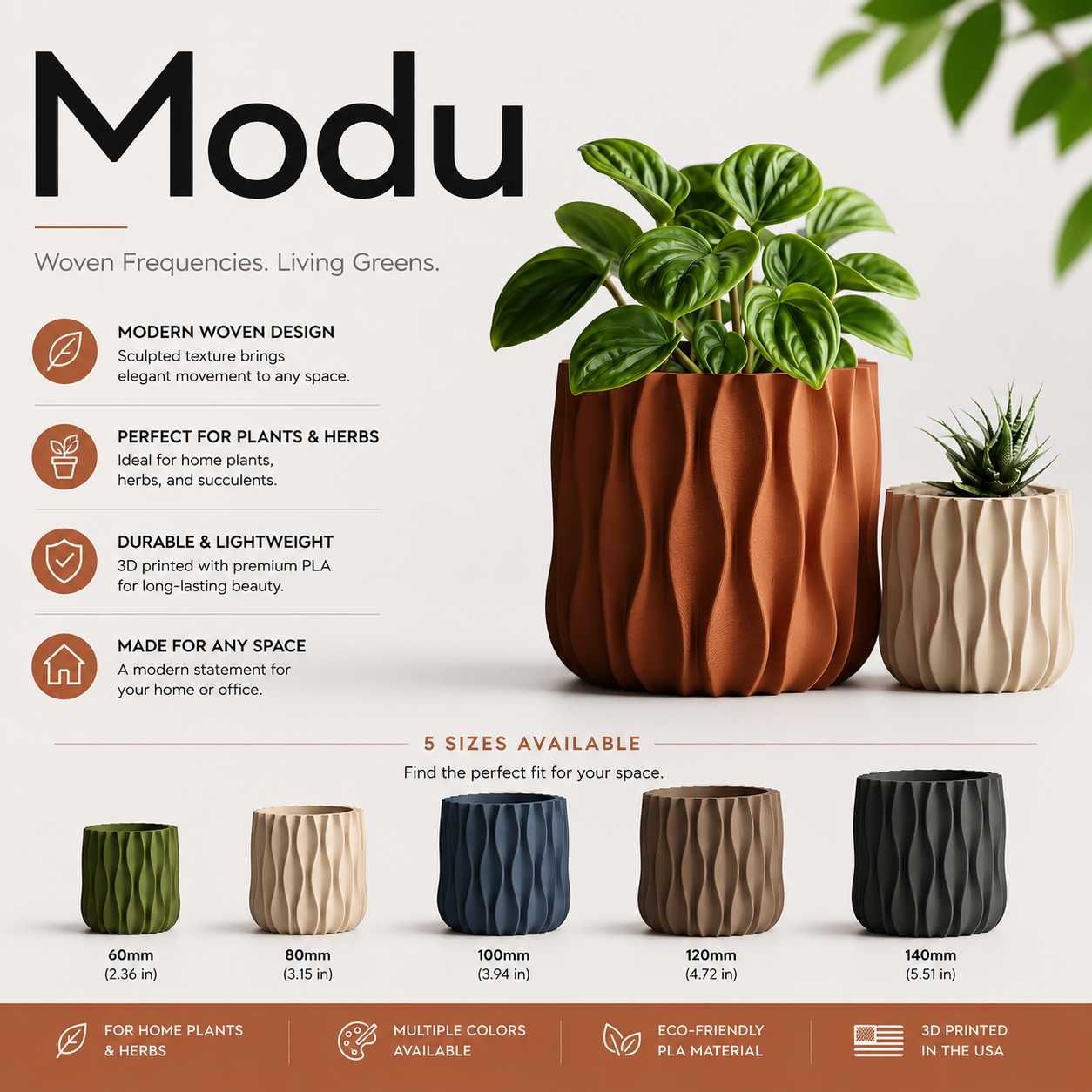 Modu Modern Planter | Elegant 3D Printed Planter for Houseplants & Herbs