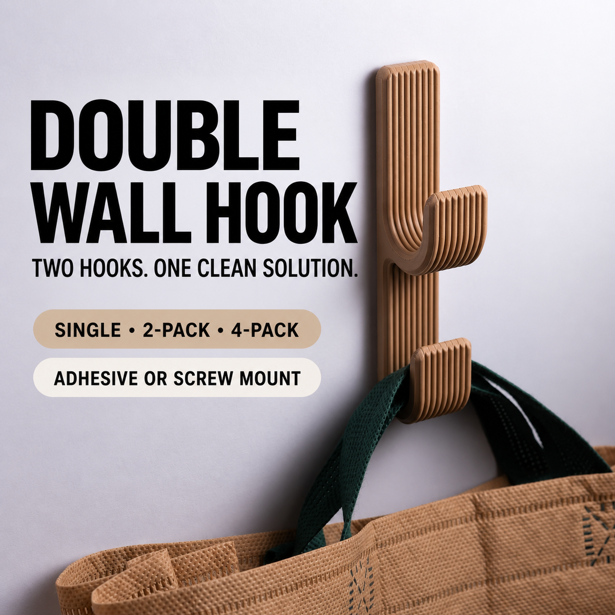 Double Wall Hook, Coat Hanger, Towel Rack - Modern Ribbed 3D Printed Hook | Adhesive or Screw Mount
