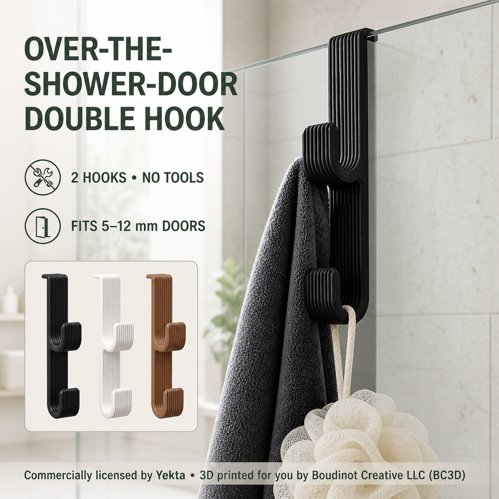 Over the Shower Door Double Hook ~ No-Drill Towel and Robe Hanger, 5–12 mm Fit