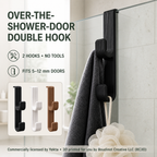 Over the Shower Door Double Hook ~ No-Drill Towel and Robe Hanger, 5–12 mm Fit