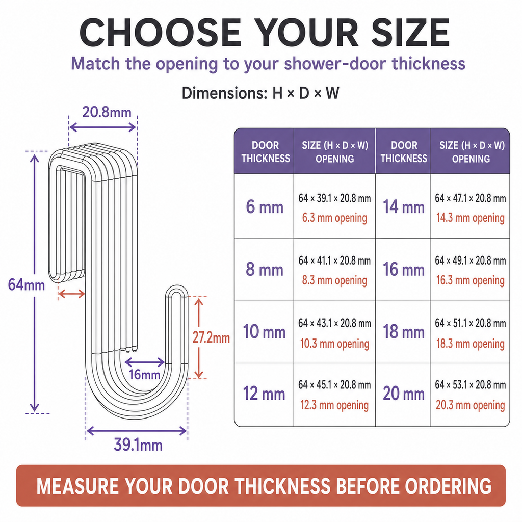 Shower Door Hook | Bathroom Towel Hanger - 8 SIZES