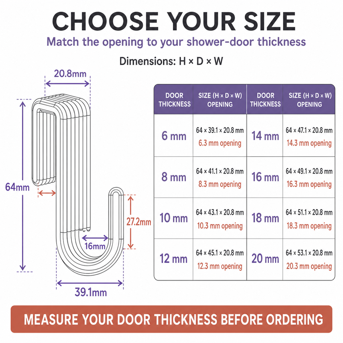 Shower Door Hook | Bathroom Towel Hanger - 8 SIZES
