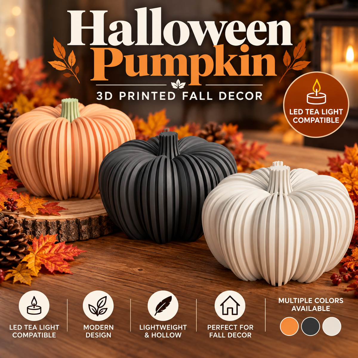 Ribbed Decorative Pumpkin – Modern Fall Decor and LED Tea Light Compatible