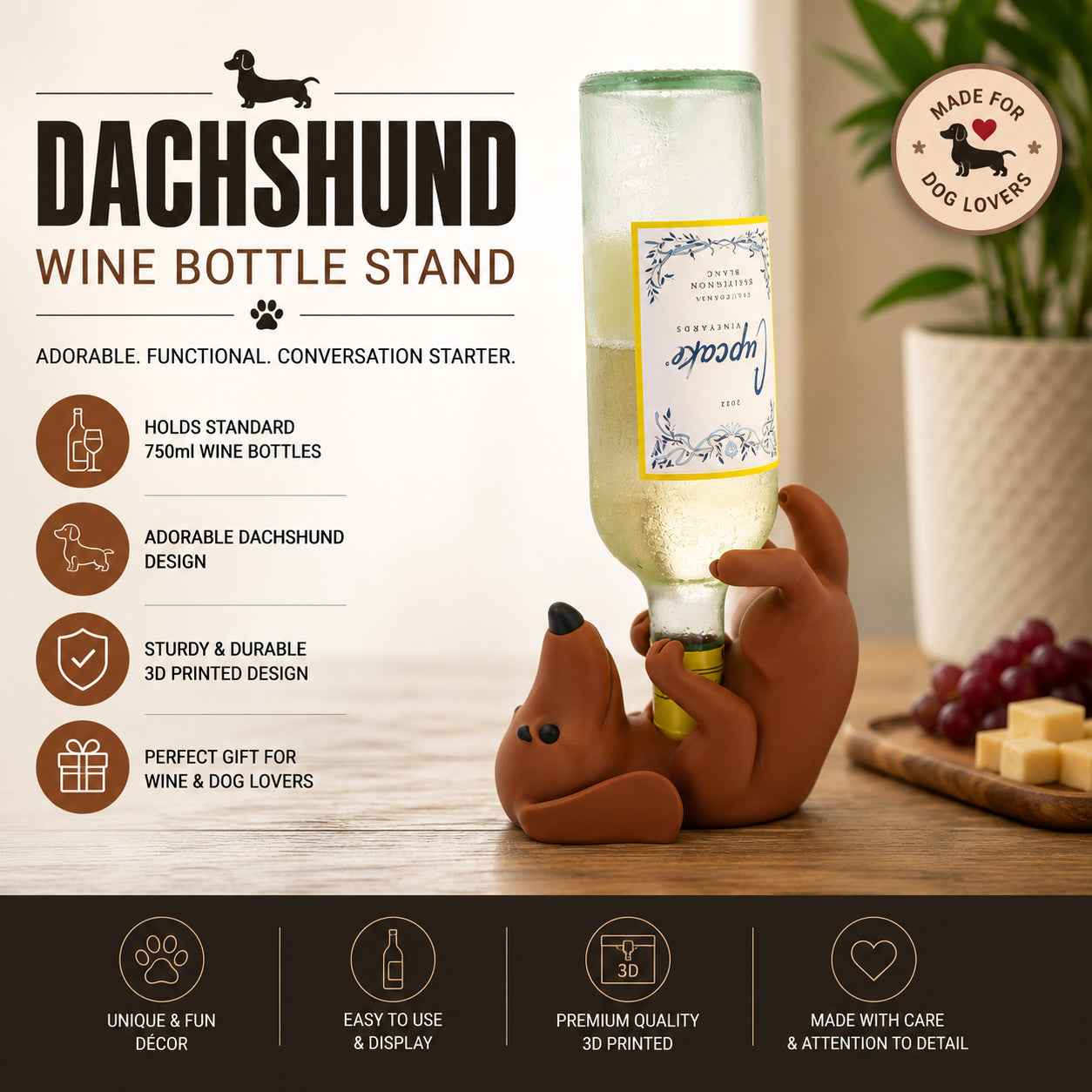 Dachshund Wine Bottle Stand | 3D Printed Dog Wine Holder