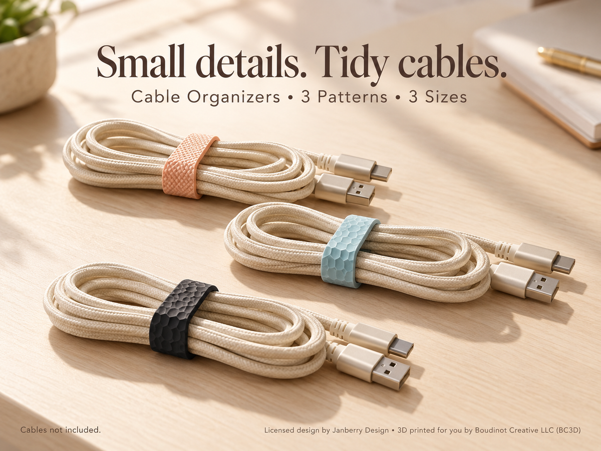 Cable Organizer Set, 3 Printed Clips for Cord Storage | Single or Mixed Sizes
