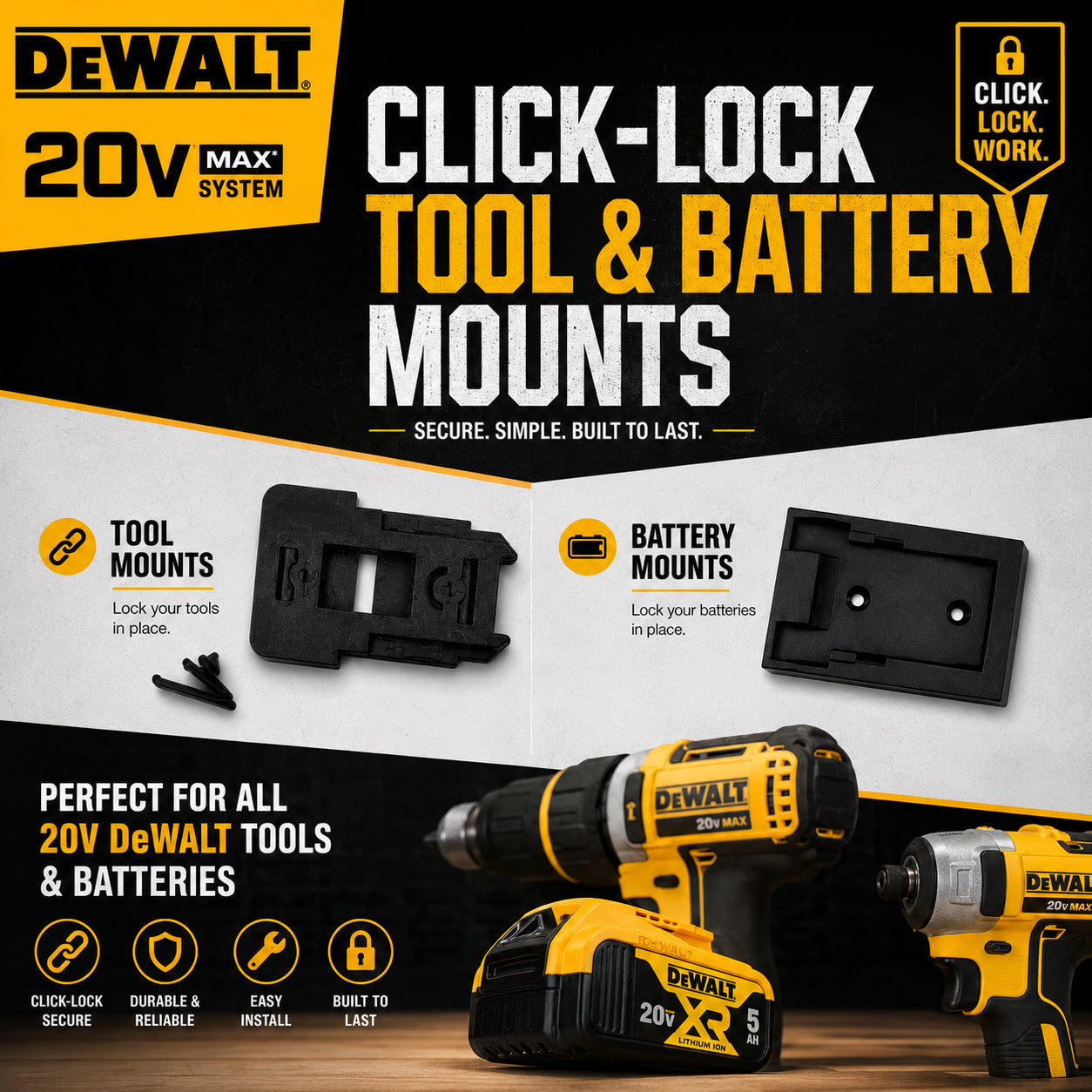 DeWalt 20V Tool and Battery Mounts - Click Lock