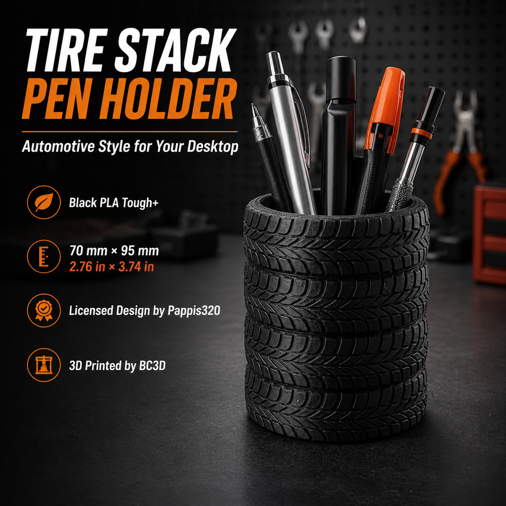 Black Tire Stack Pen Holder, 3D Printed Automotive Desk Organizer