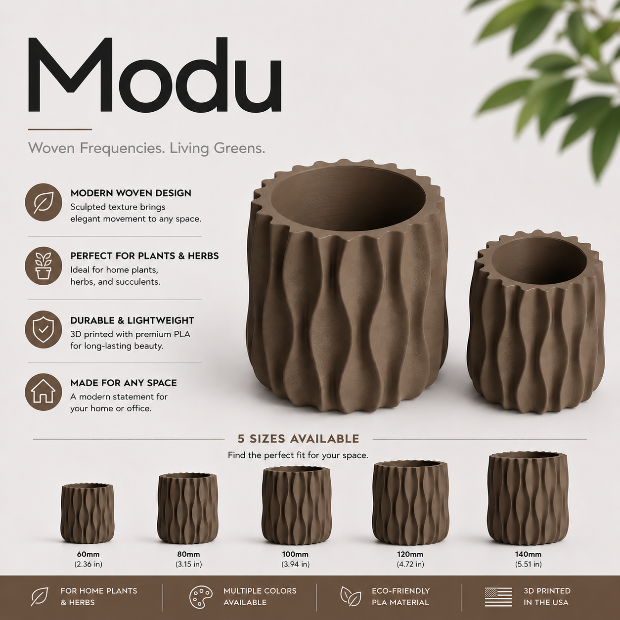 Modu Modern Planter | Elegant 3D Printed Planter for Houseplants & Herbs