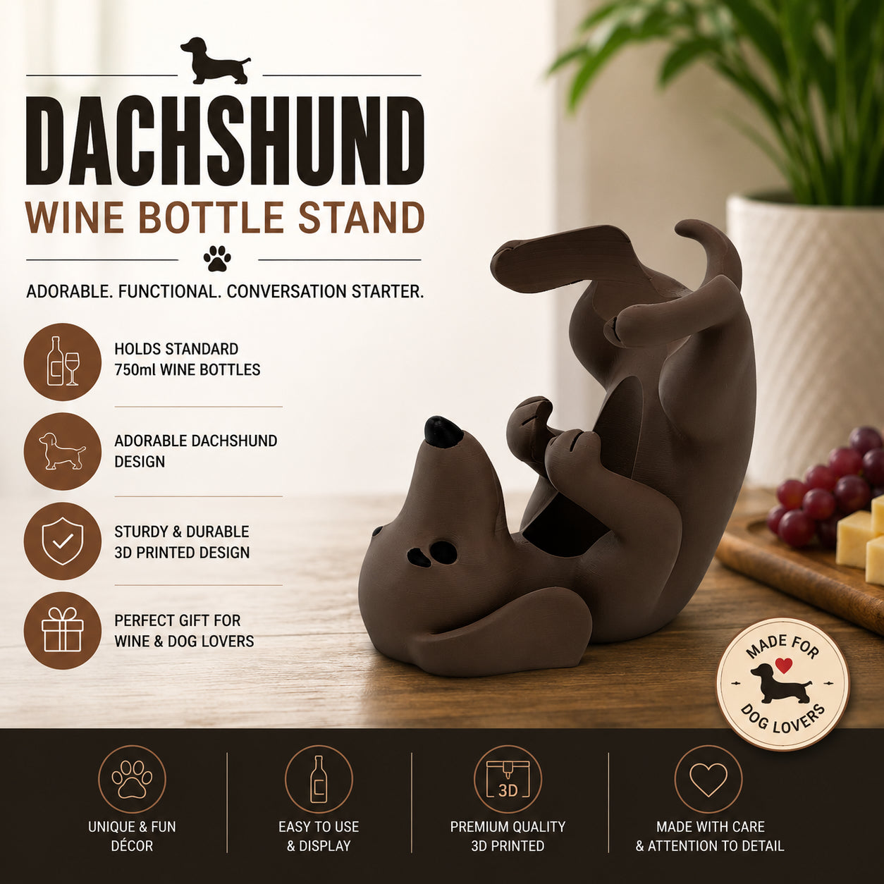 Dachshund Wine Bottle Stand | 3D Printed Dog Wine Holder