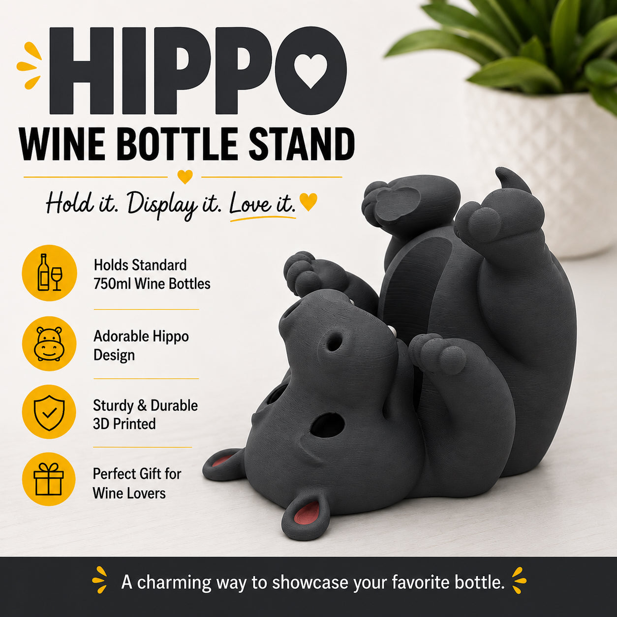 Hippo Wine Bottle Stand | Adorable 3D Printed Wine Holder