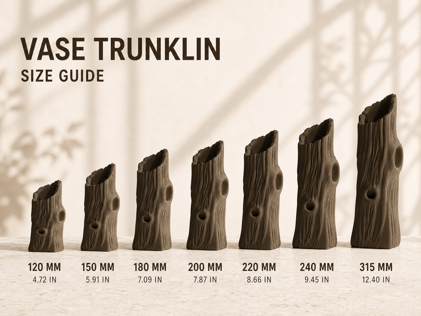 Vase Trunklin – Dark Brown 3D Printed Sculptural Tree Trunk Vase, 7 Sizes