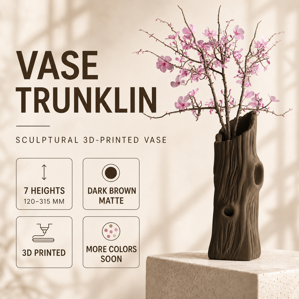 Vase Trunklin – Dark Brown 3D Printed Sculptural Tree Trunk Vase, 7 Sizes
