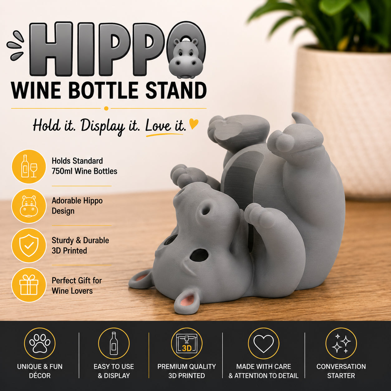 Hippo Wine Bottle Stand | Adorable 3D Printed Wine Holder