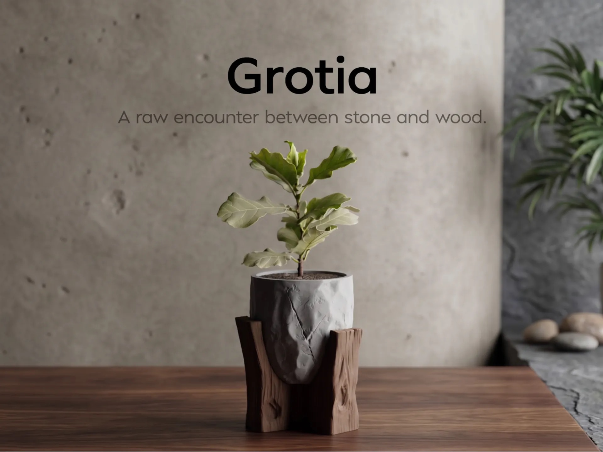 Grotia Planter | Stone & Wood Inspired 3D Printed Planter with Wood Grain Stand