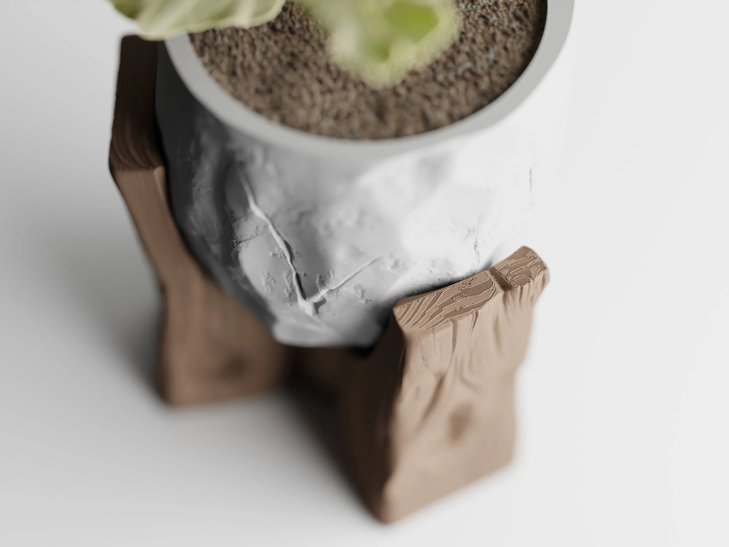 Grotia Planter | Stone & Wood Inspired 3D Printed Planter with Wood Grain Stand