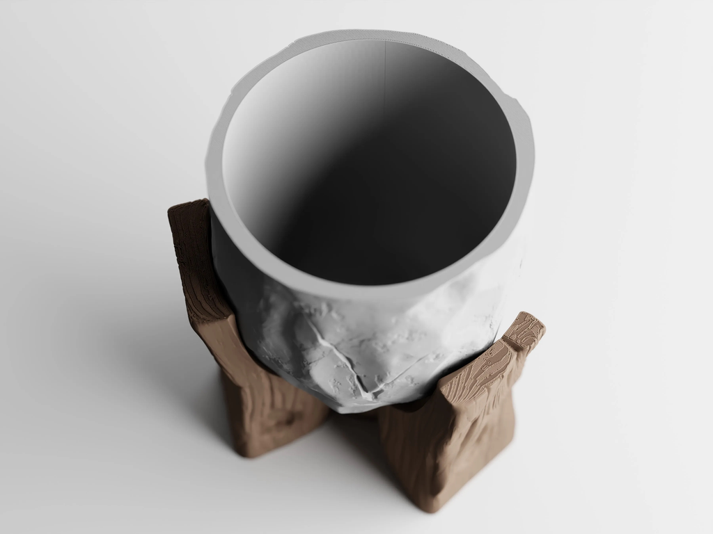 Grotia Planter | Stone & Wood Inspired 3D Printed Planter with Wood Grain Stand