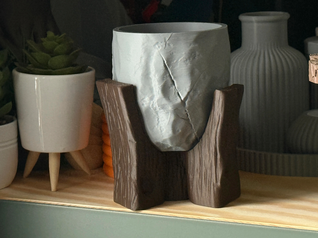 Grotia Planter | Stone & Wood Inspired 3D Printed Planter with Wood Grain Stand