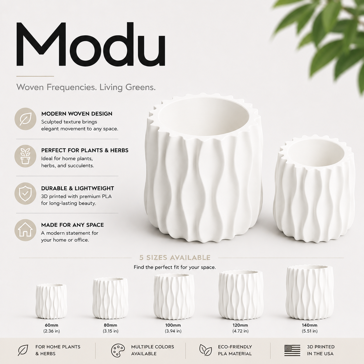 Modu Modern Planter | Elegant 3D Printed Planter for Houseplants & Herbs