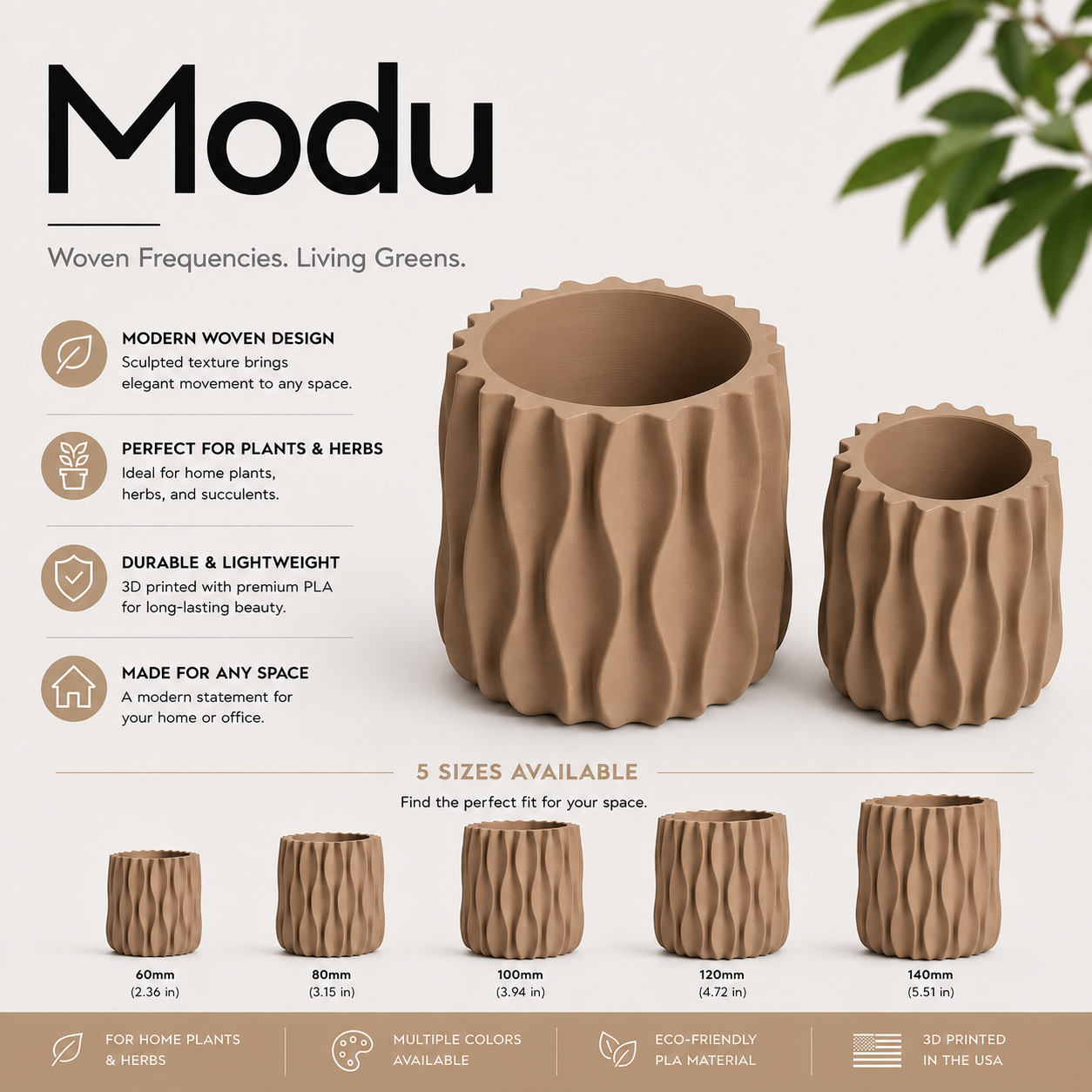 Modu Modern Planter | Elegant 3D Printed Planter for Houseplants & Herbs
