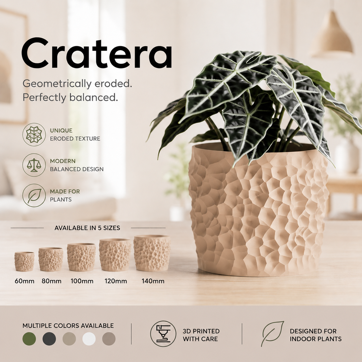 Cratera Geometric Planter – Modern 3D Printed Indoor Plant Pot