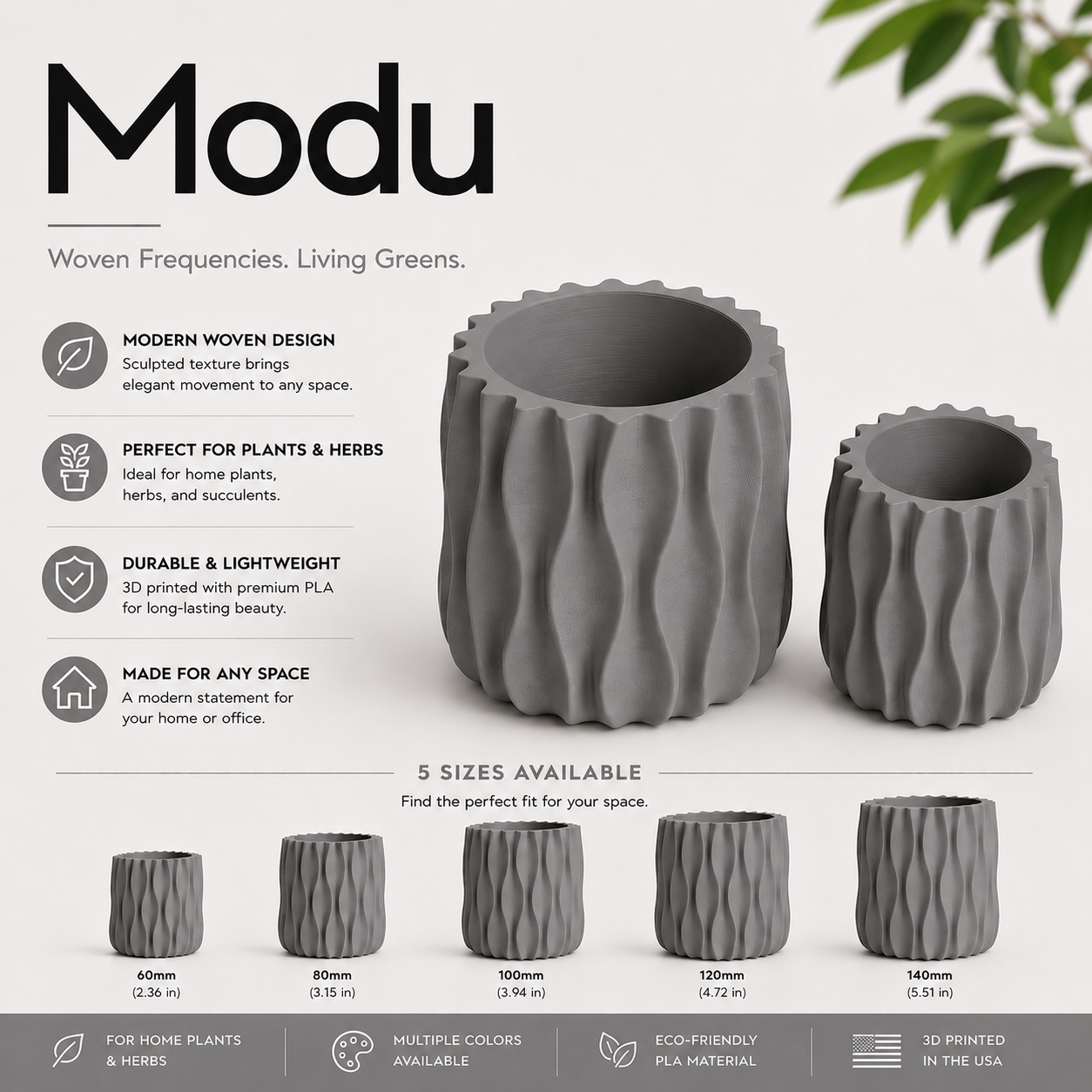 Modu Modern Planter | Elegant 3D Printed Planter for Houseplants & Herbs