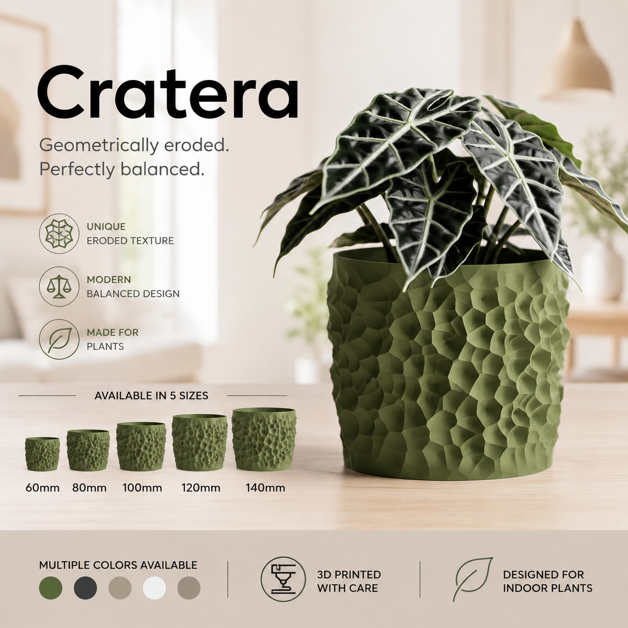 Cratera Geometric Planter – Modern 3D Printed Indoor Plant Pot