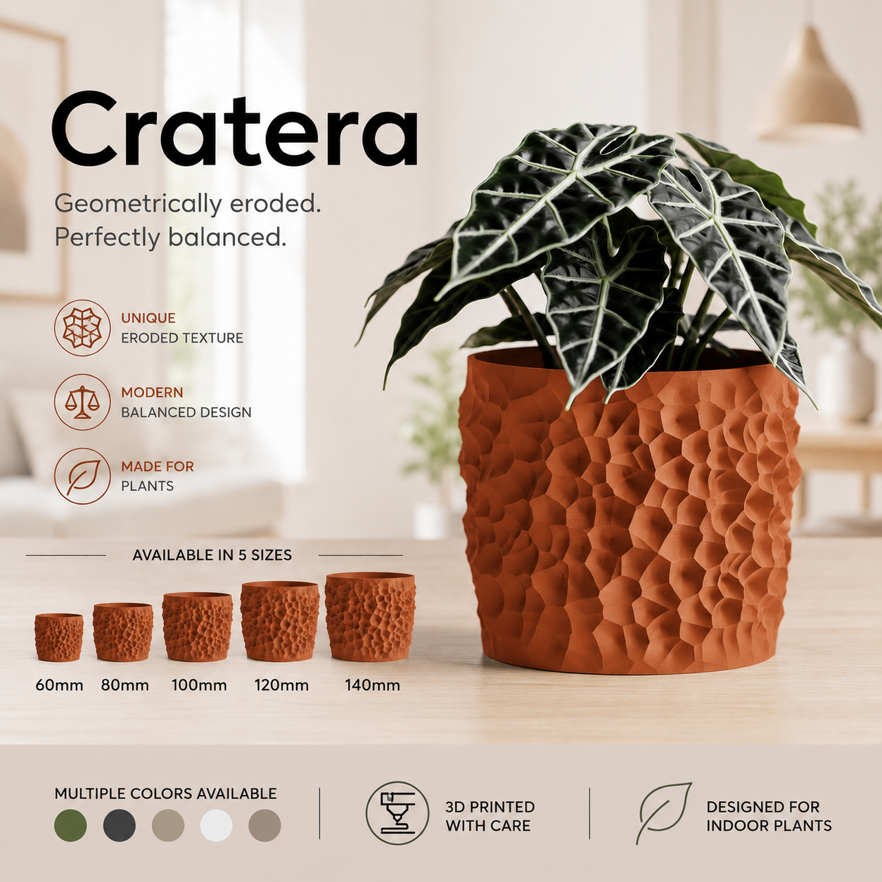 Cratera Geometric Planter – Modern 3D Printed Indoor Plant Pot