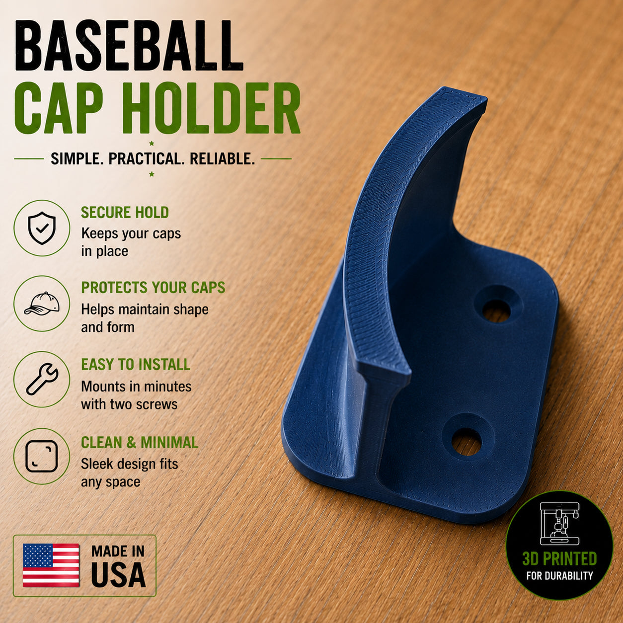 Baseball Cap Wall Mount – Minimalist Hat Organizer | 3D Printed Cap Holder