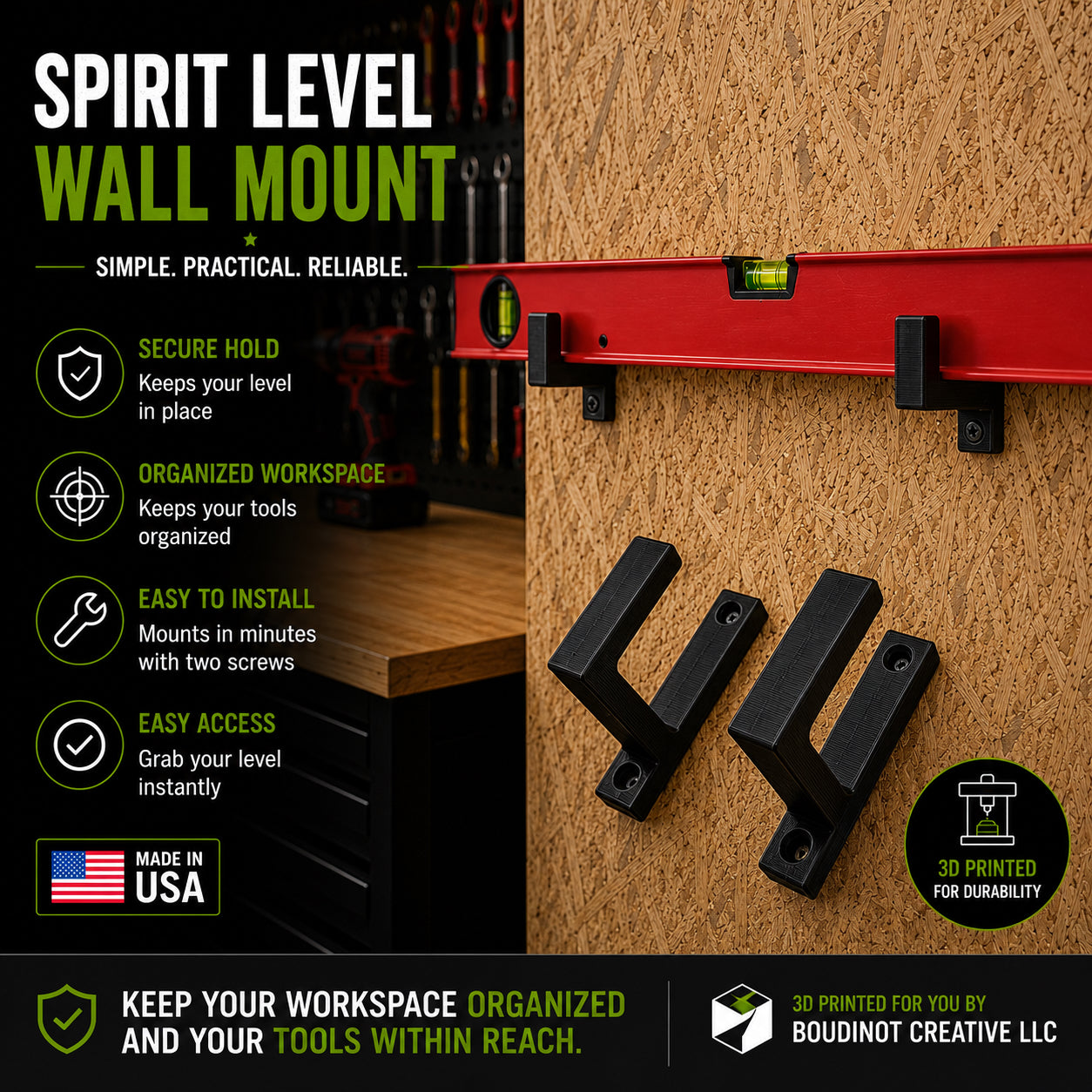 Spirit Level Wall Mount Set (2 Mounts Included) | Level Storage Organizer | Workshop & Garage Tool Holder