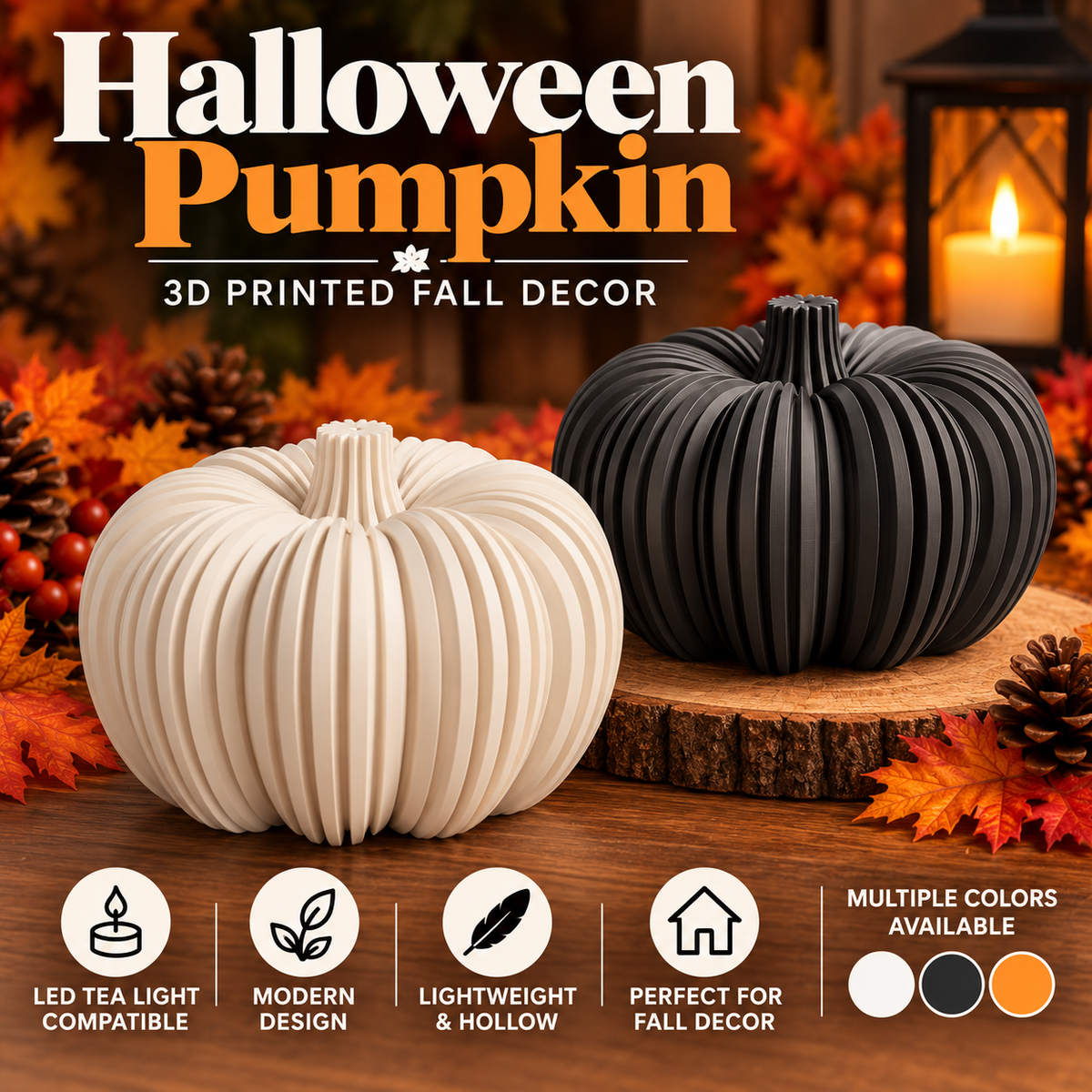 Ribbed Decorative Pumpkin – Modern Fall Decor and LED Tea Light Compatible
