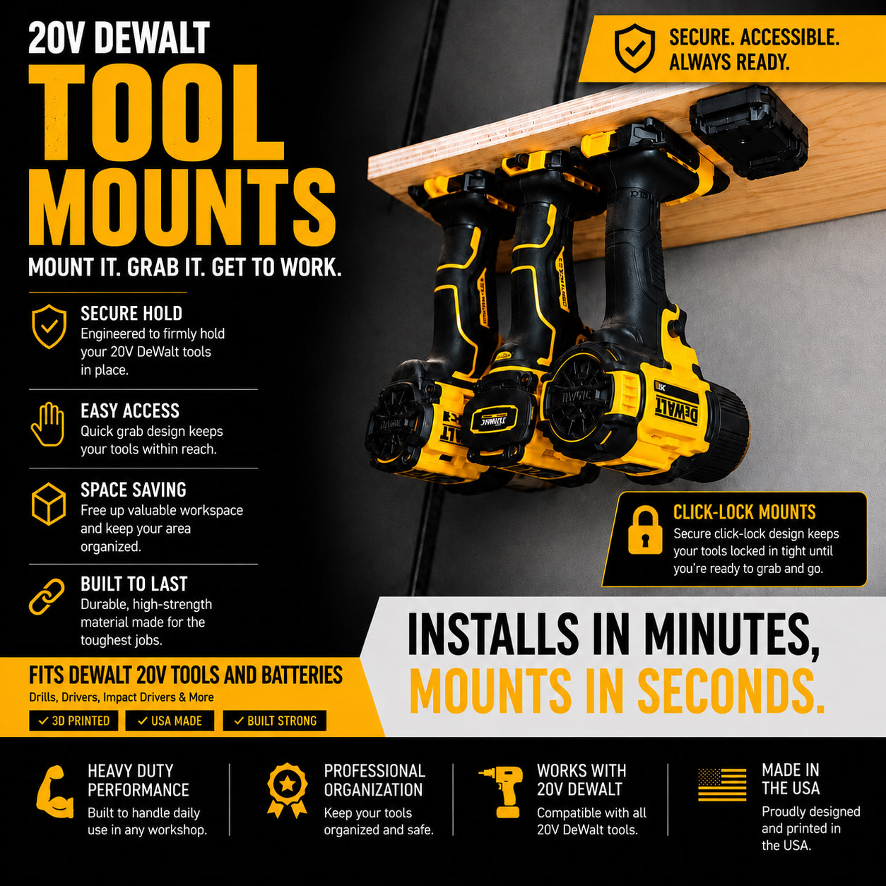 DeWalt 20V Tool and Battery Mounts - Click Lock