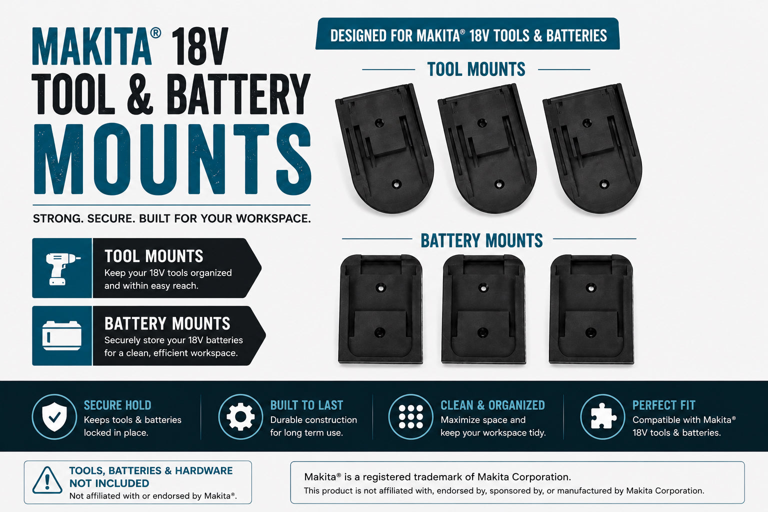 Makita 18V Tool & Battery Mounts | 3D Printed