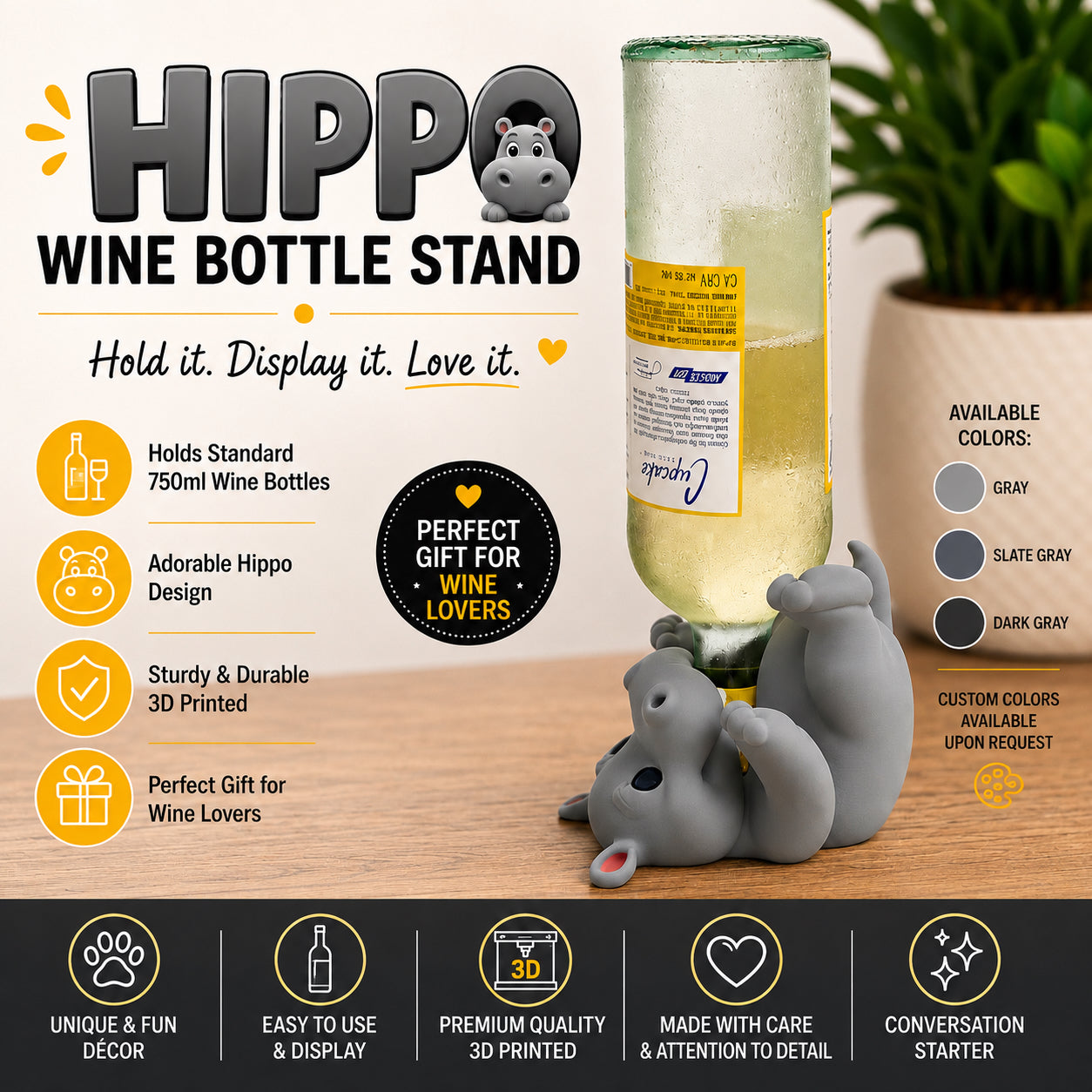 Hippo Wine Bottle Stand | Adorable 3D Printed Wine Holder