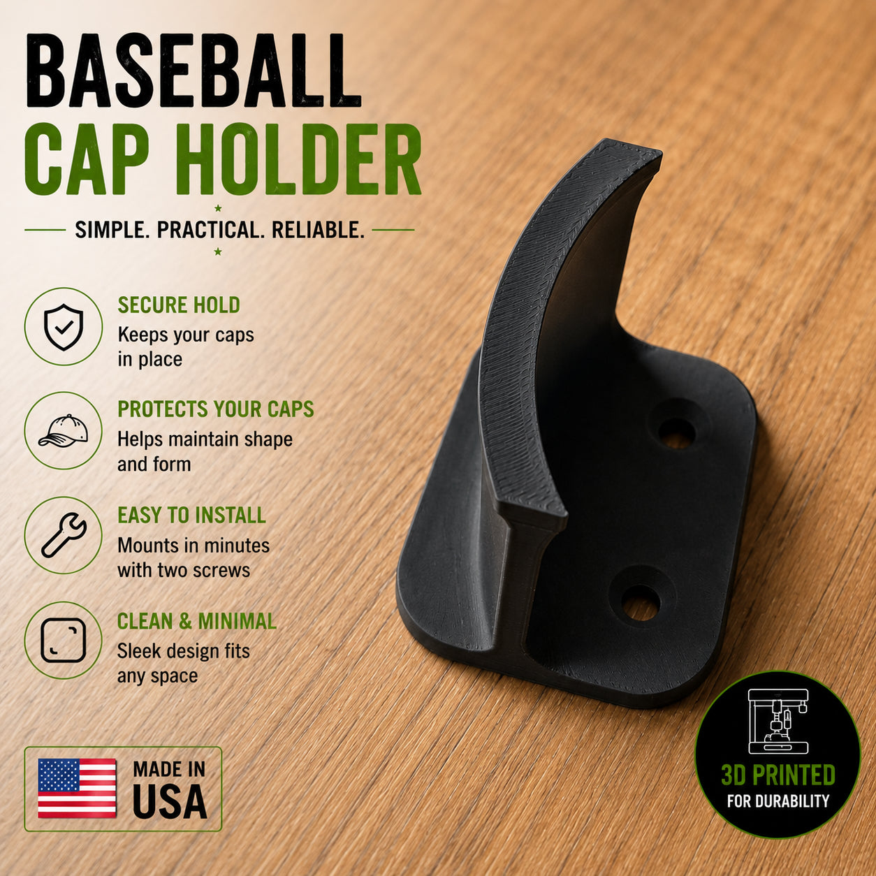 Baseball Cap Wall Mount – Minimalist Hat Organizer | 3D Printed Cap Holder